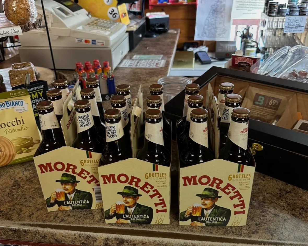 Moretti Italian beer six packs on the counter